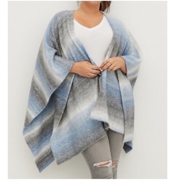 Torrid Wool Blend One Size Spacedye Poncho Blue and Gray - Picture 1 of 8